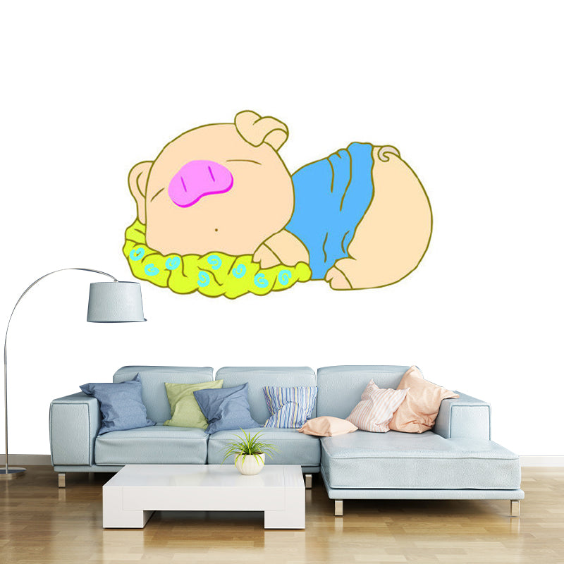 Kids Style Sleeping Pig Murals Non-Woven Waterproofing Blue and Brown Wall Art for Baby Room