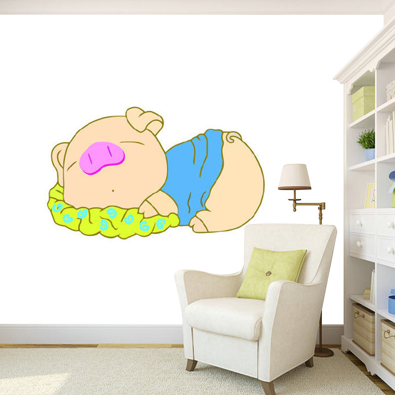 Kids Style Sleeping Pig Murals Non-Woven Waterproofing Blue and Brown Wall Art for Baby Room