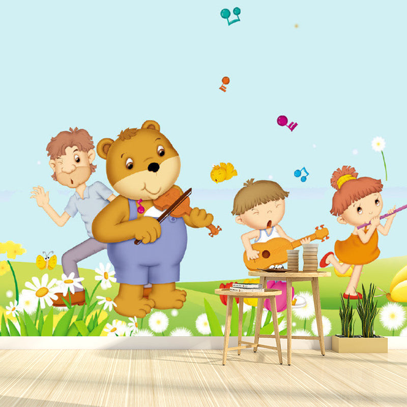 Yellow Cartoon Style Murals Whole Kids and Bear Playing Musical Instruments Wall Art for Bedroom