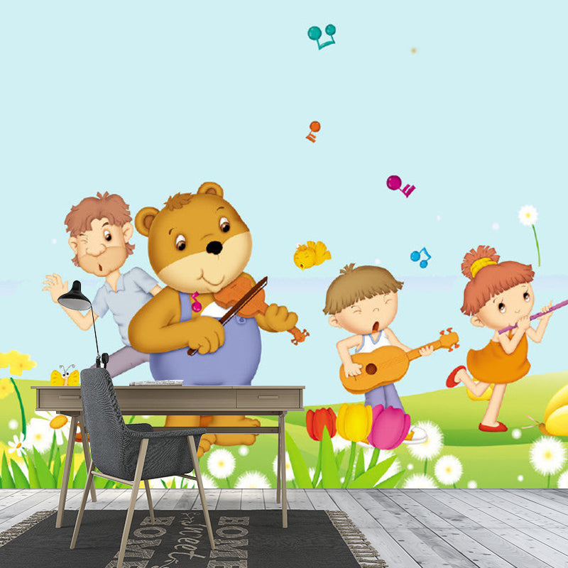 Yellow Cartoon Style Murals Whole Kids and Bear Playing Musical Instruments Wall Art for Bedroom