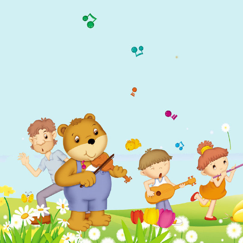 Yellow Cartoon Style Murals Whole Kids and Bear Playing Musical Instruments Wall Art for Bedroom