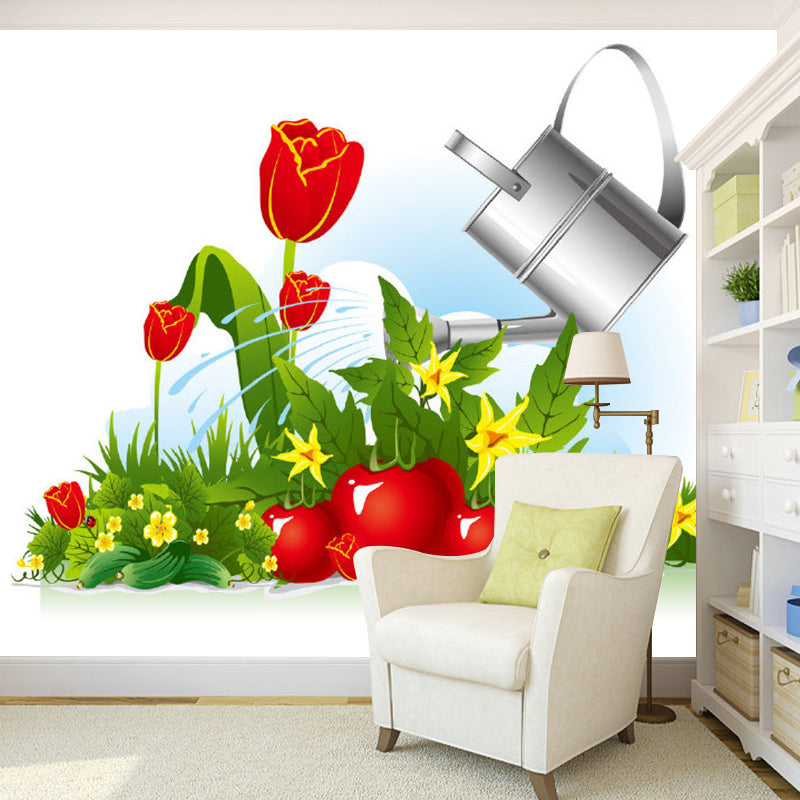 Illustration Kettle and Blossom Murals Wallpaper for Home Decor, Red-Green, Made to Measure