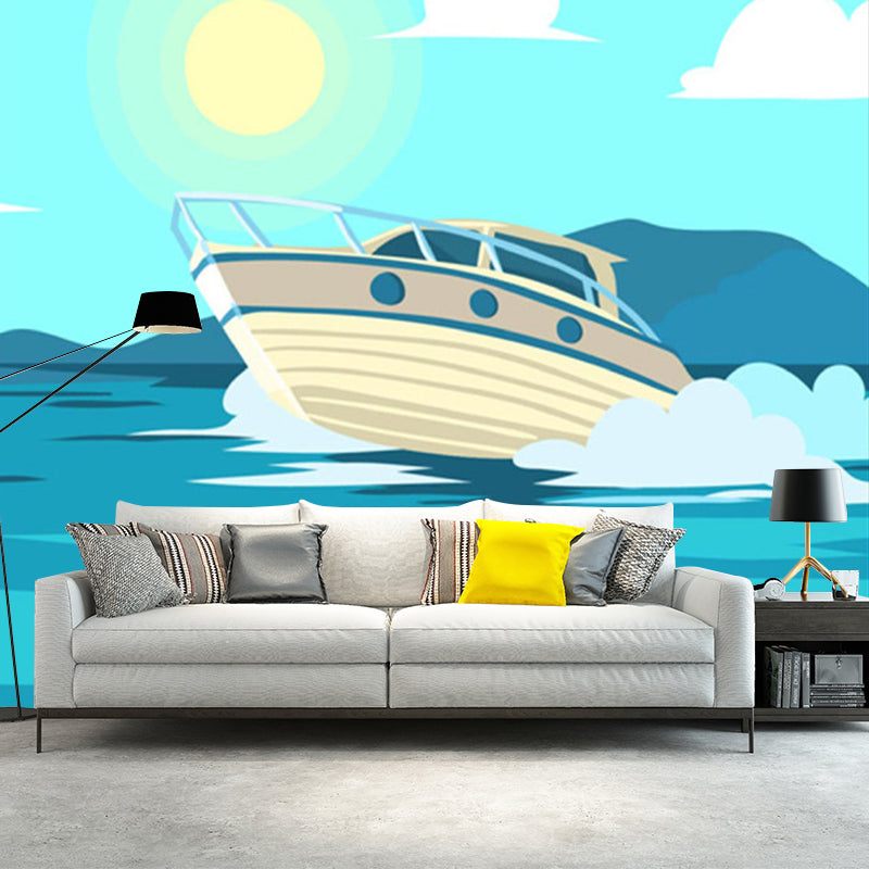 Yacht on Sea Murals for Wall Waterproof Bathroom Wall Covering, Customize Size Available