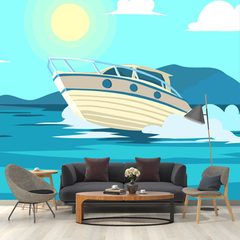 Yacht on Sea Murals for Wall Waterproof Bathroom Wall Covering, Customize Size Available