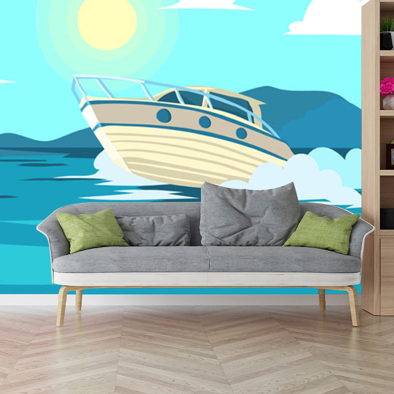 Yacht on Sea Murals for Wall Waterproof Bathroom Wall Covering, Customize Size Available