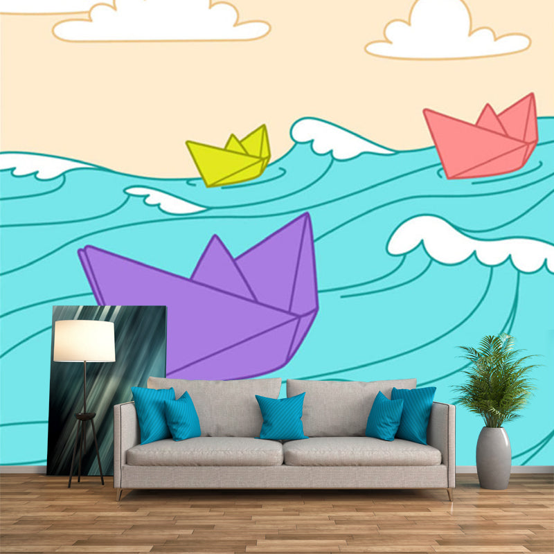 Non-Woven Waterproofing Wall Murals Childrens Art Paper Boat on the Sea Wall Covering