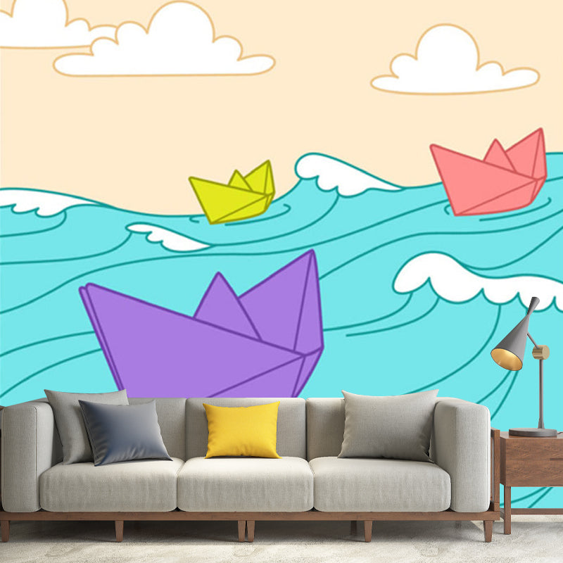 Non-Woven Waterproofing Wall Murals Childrens Art Paper Boat on the Sea Wall Covering