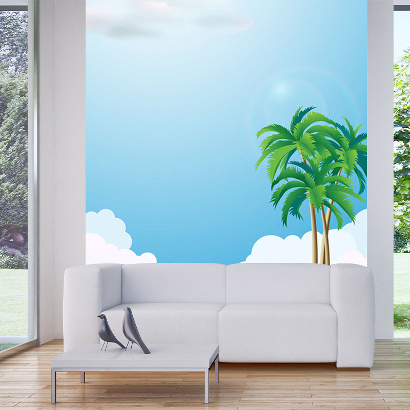 Blue-Green Beach Wall Mural Decal Sky Kids Style Environmental Wall Art for Bathroom