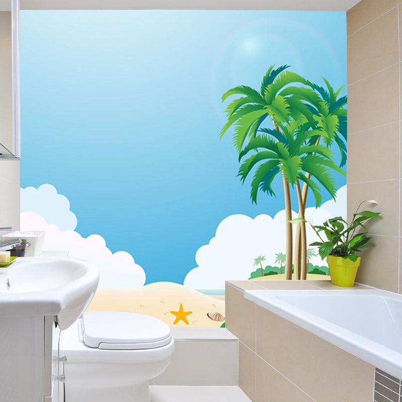 Blue-Green Beach Wall Mural Decal Sky Kids Style Environmental Wall Art for Bathroom