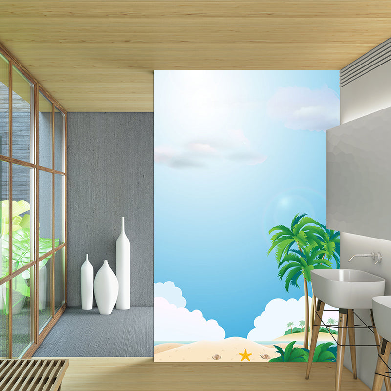 Blue-Green Beach Wall Mural Decal Sky Kids Style Environmental Wall Art for Bathroom