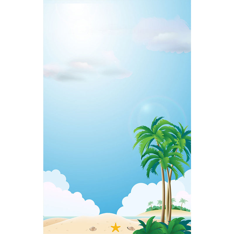 Blue-Green Beach Wall Mural Decal Sky Kids Style Environmental Wall Art for Bathroom