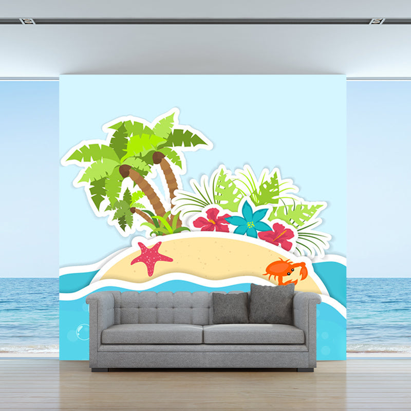 Soft Color Island Mural Wallpaper Coconut Tree Cartoon Wall Covering for Bathroom