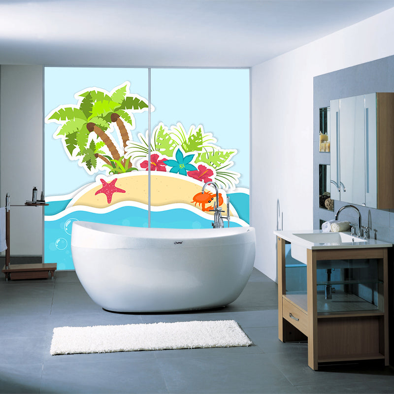 Soft Color Island Mural Wallpaper Coconut Tree Cartoon Wall Covering for Bathroom