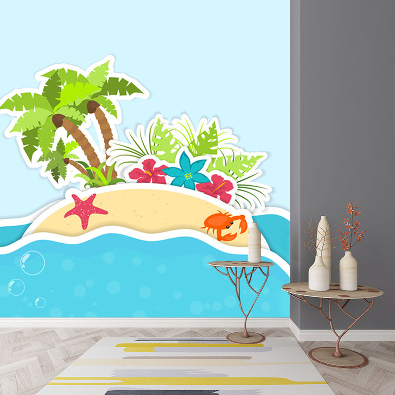 Soft Color Island Mural Wallpaper Coconut Tree Cartoon Wall Covering for Bathroom