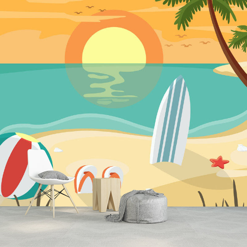 Cartoon Beach at Sunset Mural Wallpaper Non-Woven Decorative Colorful Wall Covering for Kids Room