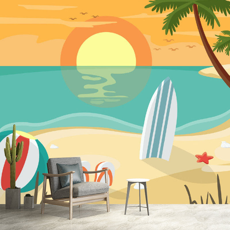 Cartoon Beach at Sunset Mural Wallpaper Non-Woven Decorative Colorful Wall Covering for Kids Room