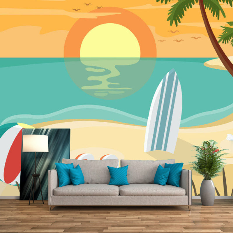 Cartoon Beach at Sunset Mural Wallpaper Non-Woven Decorative Colorful Wall Covering for Kids Room