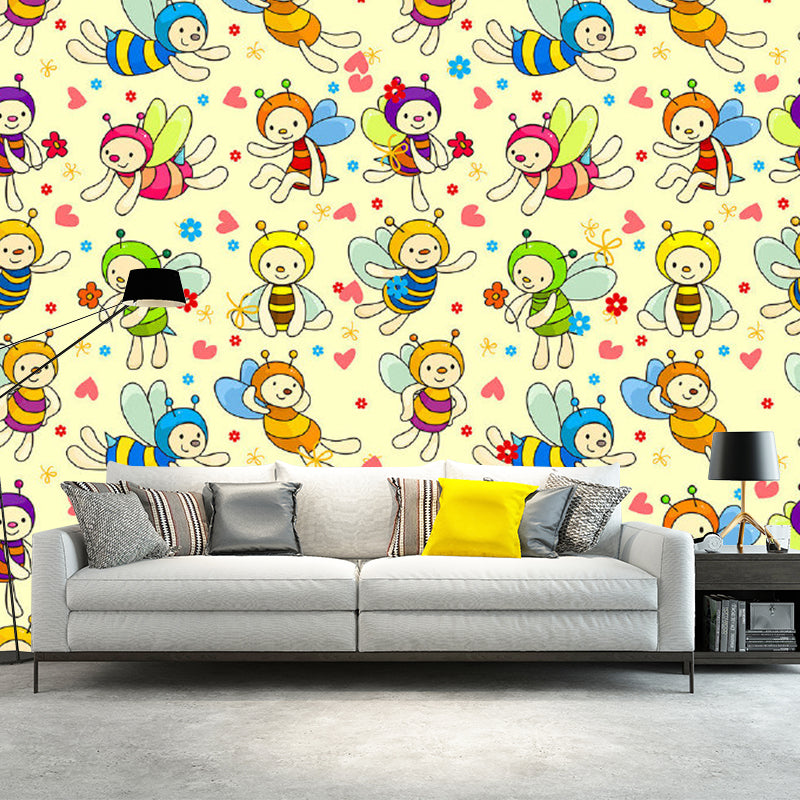 Cartoon Bees Wall Murals Beige Baby Bedroom Wall Covering, Customize Size Available