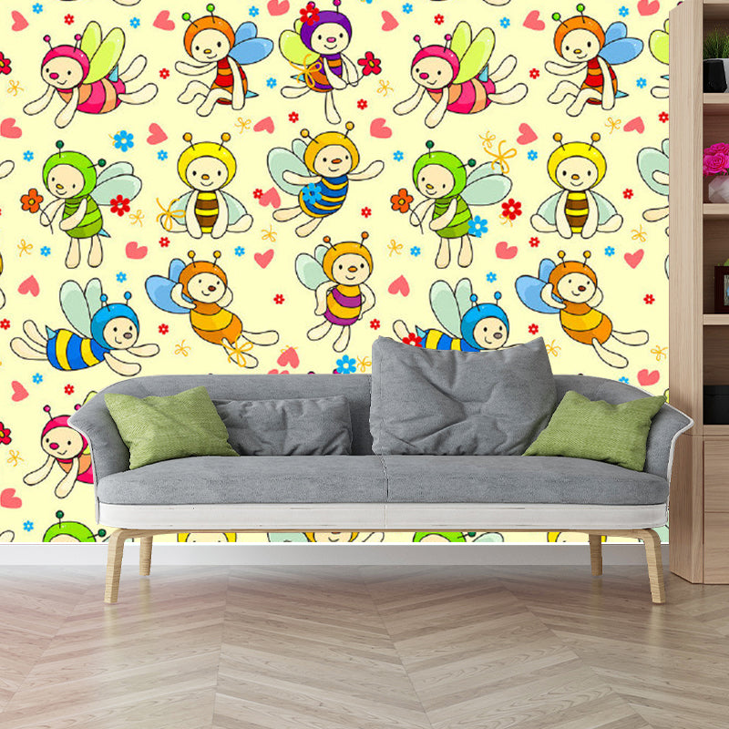 Cartoon Bees Wall Murals Beige Baby Bedroom Wall Covering, Customize Size Available