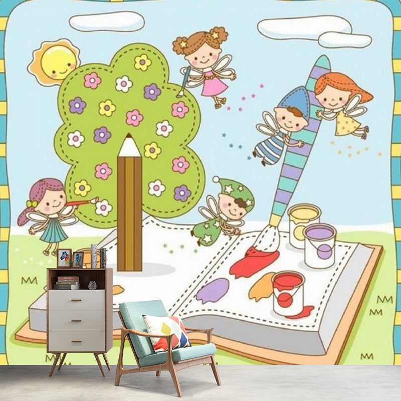 Fantasy Kids with Book Murals Wallpaper Cartoon Non-Woven Wall Art in Blue and Green