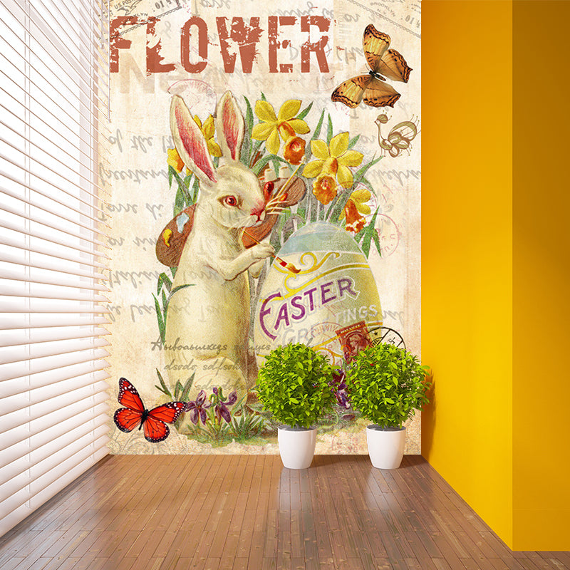 Brown Rabbit Murals Decal Plants Kids Moisture Resistant Wall Art for Accent Wall