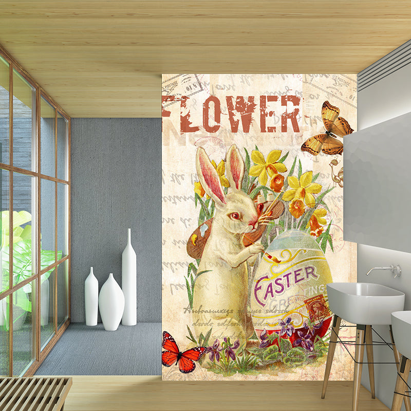 Brown Rabbit Murals Decal Plants Kids Moisture Resistant Wall Art for Accent Wall