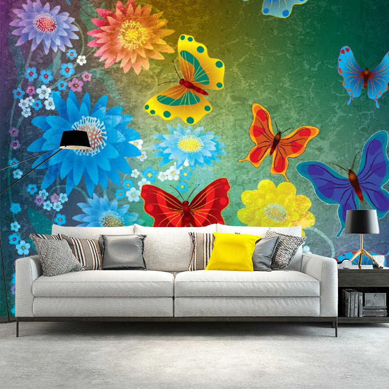 Colorful Butterfly and Florets Mural Moisture Resistant Childrens Art Bedroom Wall Covering