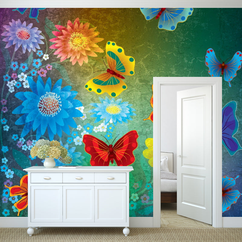 Colorful Butterfly and Florets Mural Moisture Resistant Childrens Art Bedroom Wall Covering