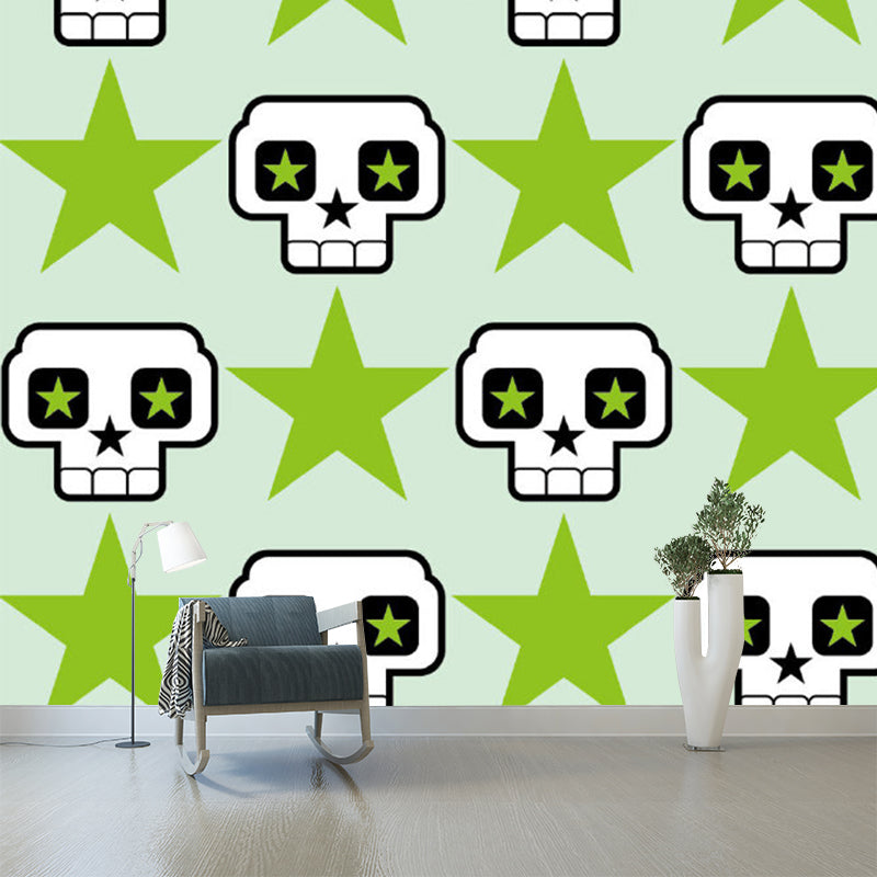 Cartoon Skull and Star Wall Murals Green and White Stain Resistant Wall Decor for Kids Bedroom