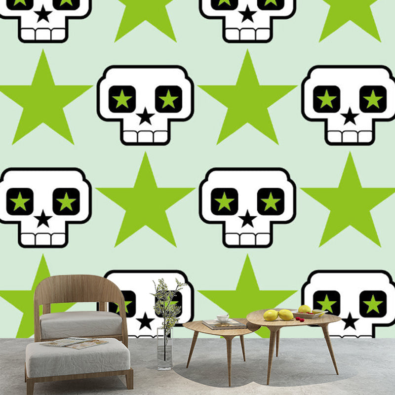 Cartoon Skull and Star Wall Murals Green and White Stain Resistant Wall Decor for Kids Bedroom