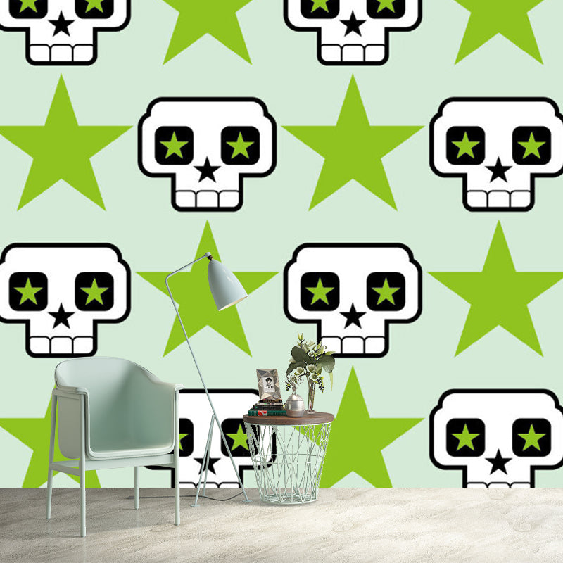 Cartoon Skull and Star Wall Murals Green and White Stain Resistant Wall Decor for Kids Bedroom