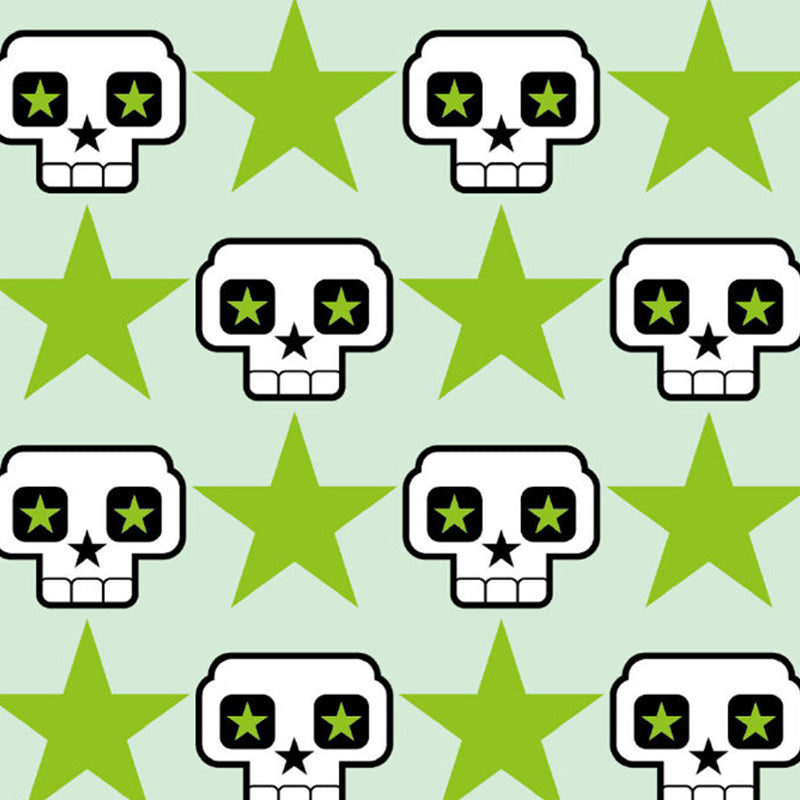 Cartoon Skull and Star Wall Murals Green and White Stain Resistant Wall Decor for Kids Bedroom