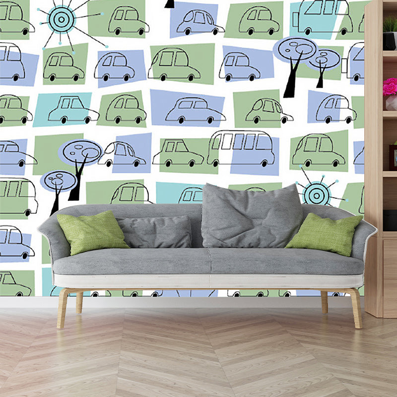 Personalised Size Illustration Cartoon Mural with Multi Cars in Green and Purple