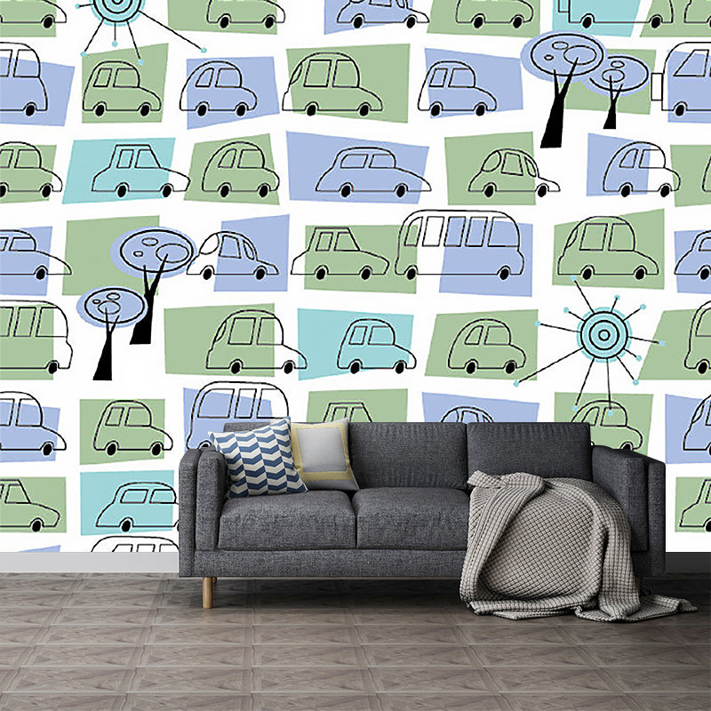 Personalised Size Illustration Cartoon Mural with Multi Cars in Green and Purple