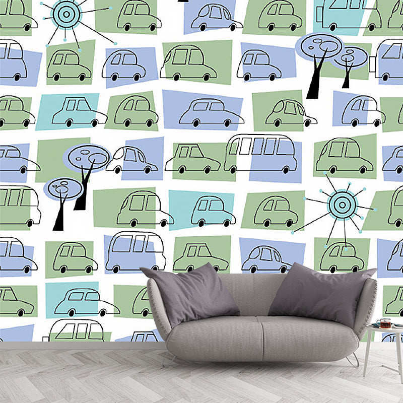 Personalised Size Illustration Cartoon Mural with Multi Cars in Green and Purple