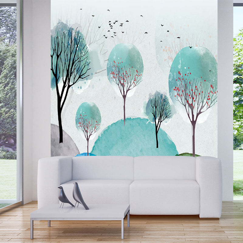 Blue and Green Murals Trees Childrens Art Waterproof Wall Covering for Accent Wall