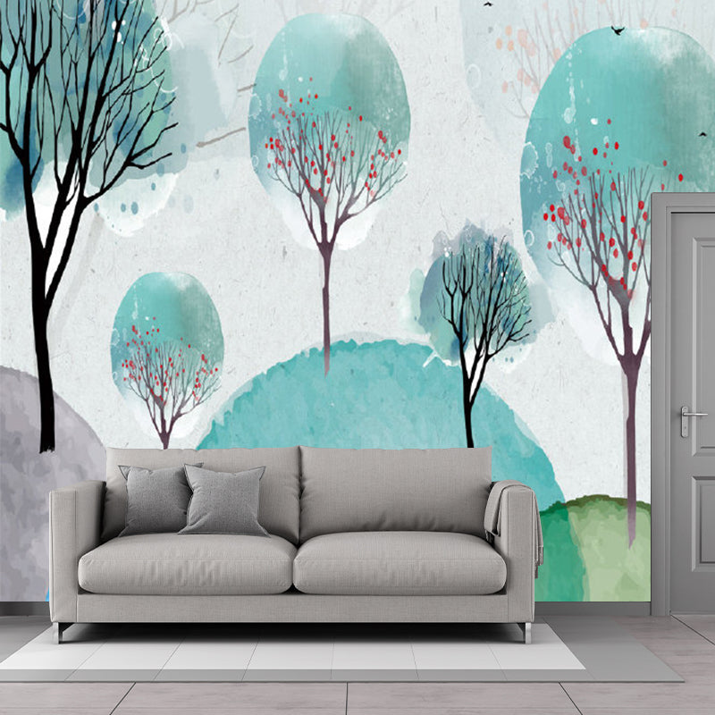 Blue and Green Murals Trees Childrens Art Waterproof Wall Covering for Accent Wall