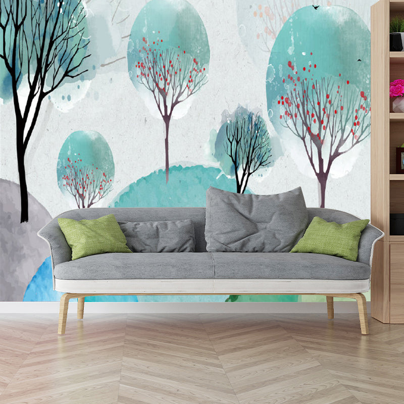 Blue and Green Murals Trees Childrens Art Waterproof Wall Covering for Accent Wall