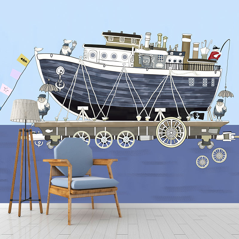 Kids Ship on Sea Murals Wallpaper Grey and Blue Decorative Wall Decor for Boys Bedroom