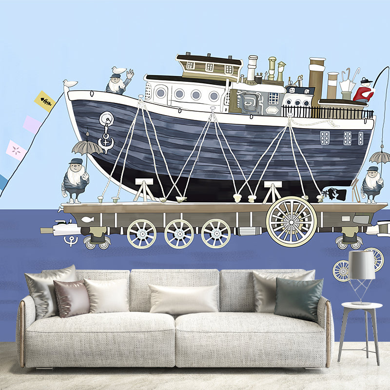 Kids Ship on Sea Murals Wallpaper Grey and Blue Decorative Wall Decor for Boys Bedroom