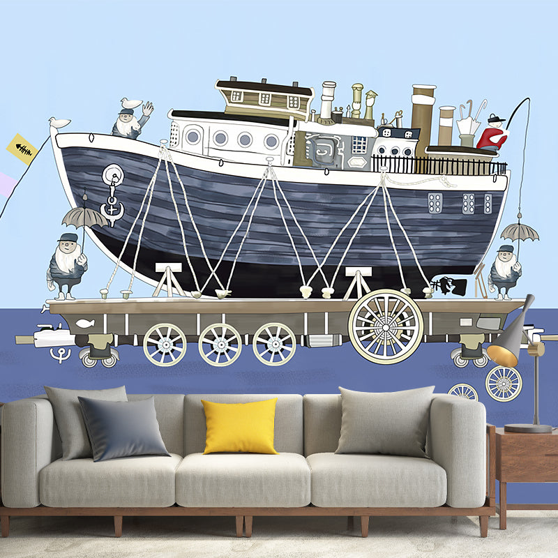 Kids Ship on Sea Murals Wallpaper Grey and Blue Decorative Wall Decor for Boys Bedroom