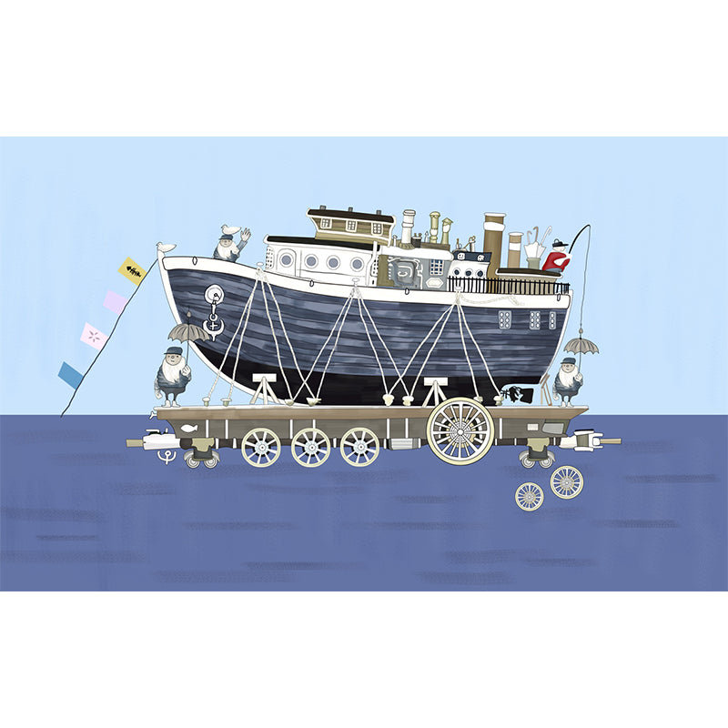 Kids Ship on Sea Murals Wallpaper Grey and Blue Decorative Wall Decor for Boys Bedroom