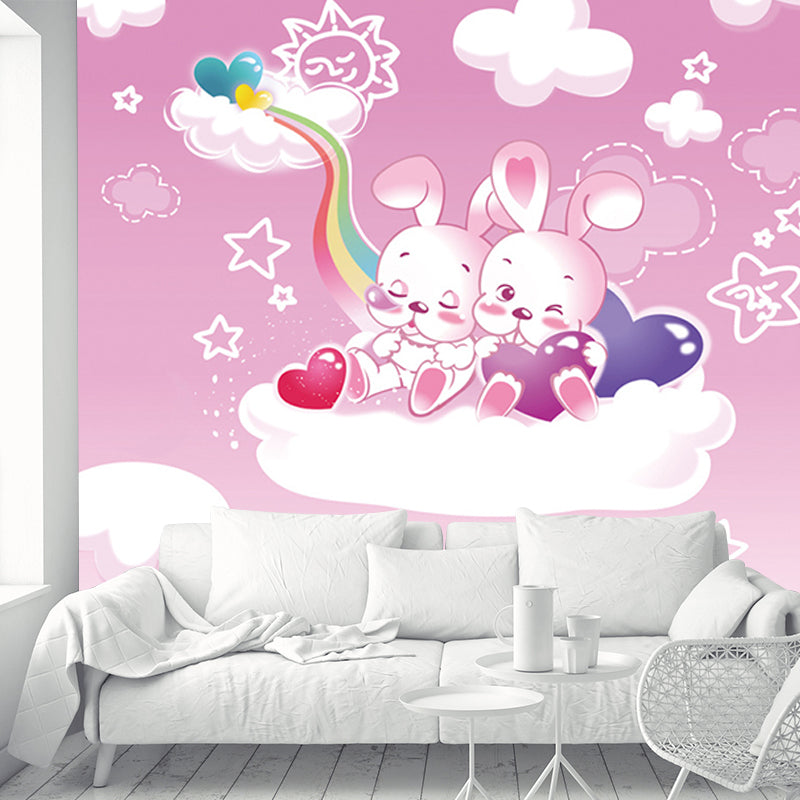 Pink Cartoon Wall Covering Murals Whole Rabbit on the Cloud Wall Art for Baby Room