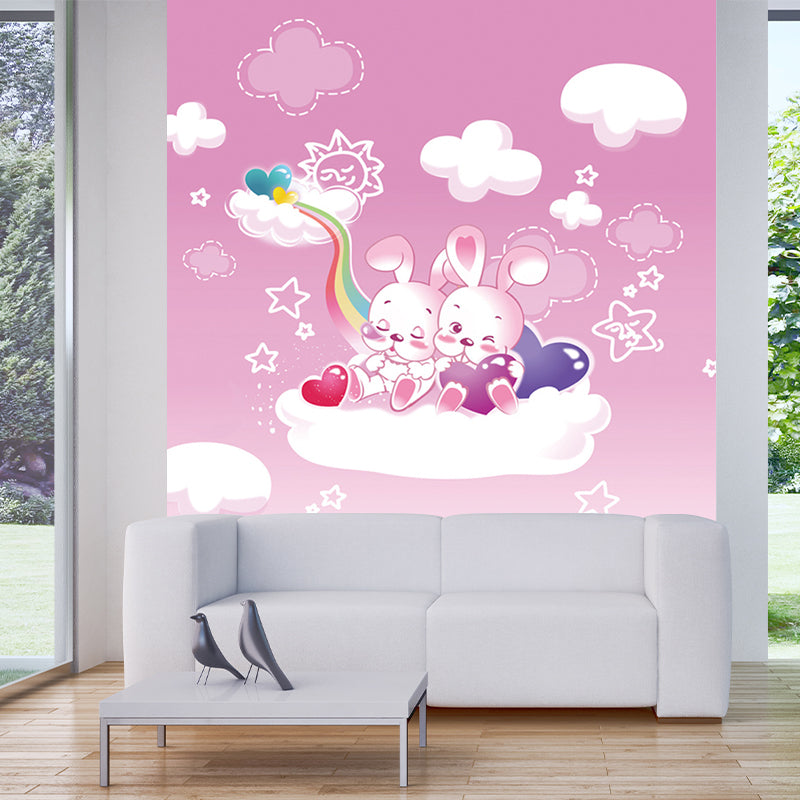 Pink Cartoon Wall Covering Murals Whole Rabbit on the Cloud Wall Art for Baby Room