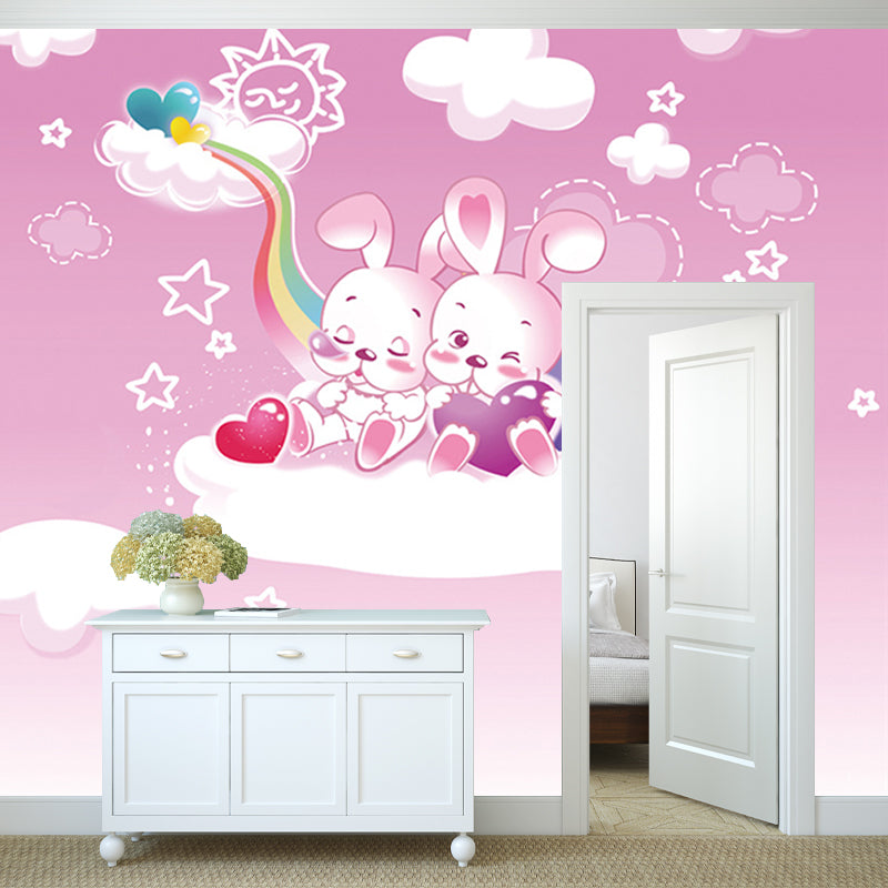 Pink Cartoon Wall Covering Murals Whole Rabbit on the Cloud Wall Art for Baby Room