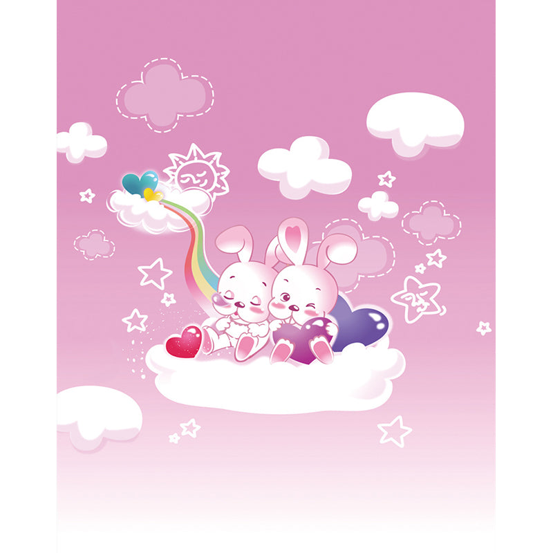 Pink Cartoon Wall Covering Murals Whole Rabbit on the Cloud Wall Art for Baby Room