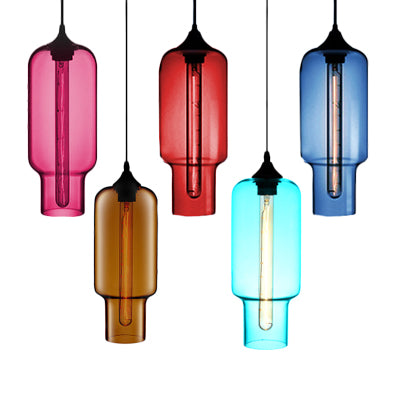 1 Light Ceiling Pendant Light with Bottle Glass Shade Contemporary Red/Brown/Blue Hanging Light