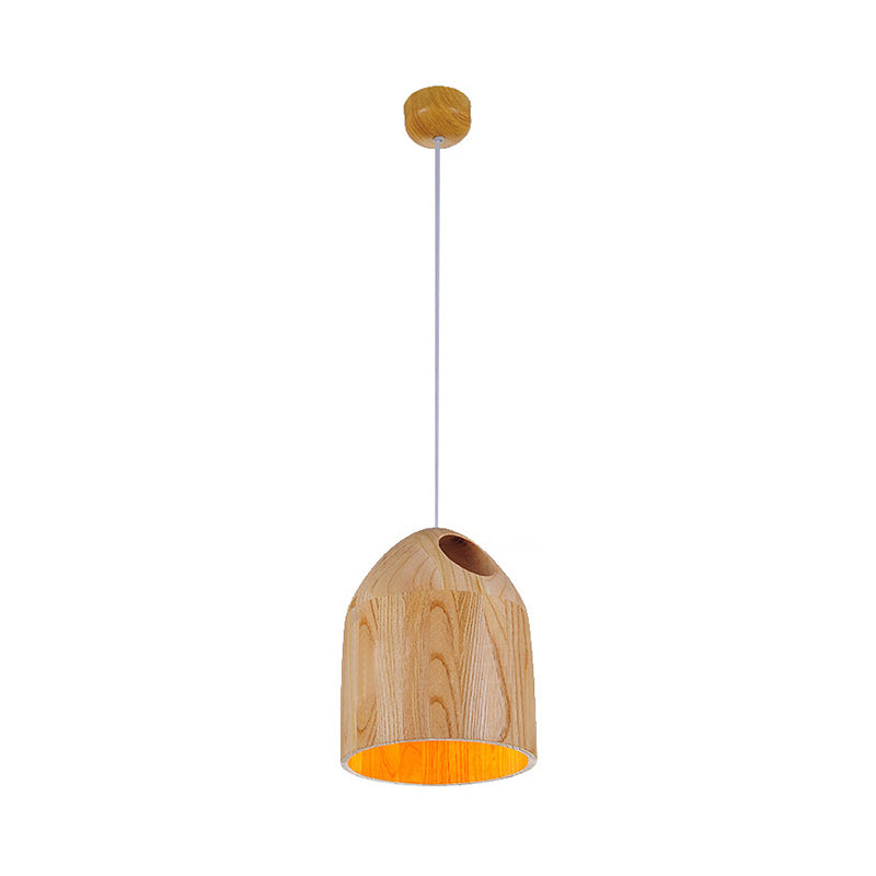 Wood Bell Drop Pendant Contemporary Japanese Style 1-Light Beige Ceiling Light with Adjustable Hanging Cord