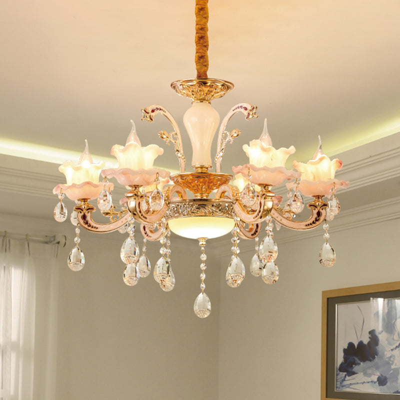 Chandelier à volants en verre givré Mid Century 6-Light Dining Room Pendante Plafond Light in Rose Gold