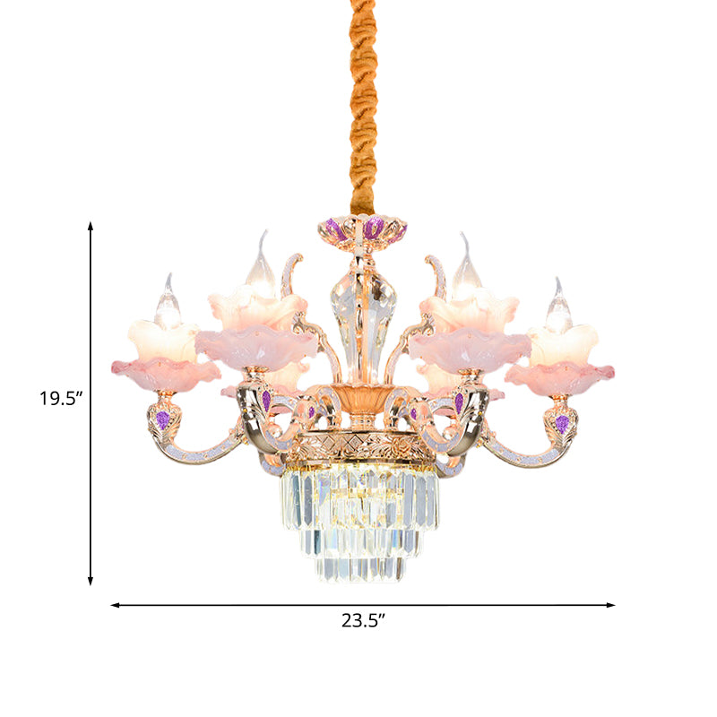 Lámpara de 6 luces lámpara colgante de vidrio rosa de 2 capas de 2 capas con fondo de cristal escalonado